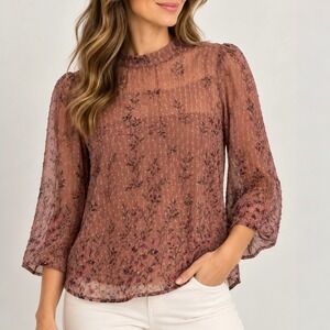Sweet Rain Floral Clip Dot Mock Neck Sheer Blouse Mauve XL T95292